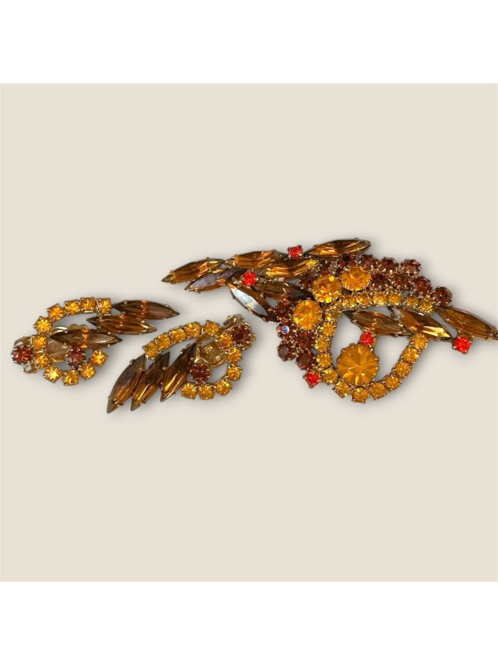 Vintage Julianna Brooch & Clip-On Earrings Demi Set Gold Floral Rhinestone Accen